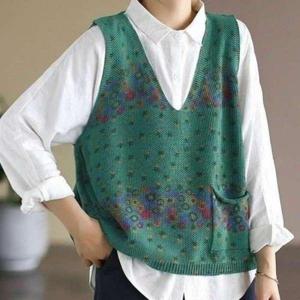 [애슬릿] 여성 니트 조끼 베스트 브이넥 꽃 포켓 봄 여름