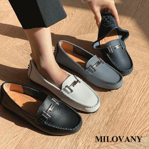 [밀로바니] 천연가죽 실버 버클 스티치 둥근코 쿠션 몰드 여성 로퍼 2cm