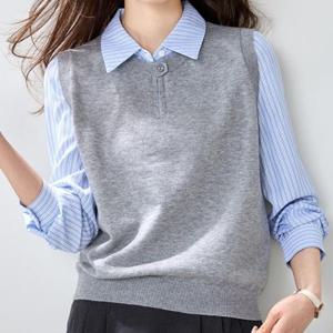 [패션시그널] 버튼라운드넥조끼레이어드 셔츠블라우스 6B3177