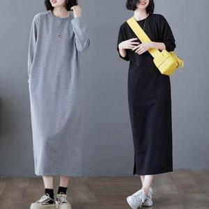 [큐즈]여성 롱 원피스 무지 긴팔 블랙 그레이 기본 면 H라인 데일리 캐주얼 빅사이즈 77사이즈 88사이즈 ..