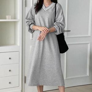 [유야]면 배색 브이넥 긴팔 롱 원피스 데일리 캐주얼 간절기 -OP0151H- 빅사이즈 루즈핏 여성 봄