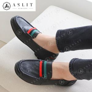 [애슬릿] 천연 소 가죽 배색 라인 여성 플랫 로퍼 단화