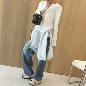 아이미마인 / 홀릭 언발 시스루 자수 레이스 롱 긴팔 레이어드 니트지 티셔츠 (2color)