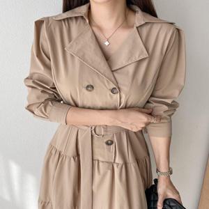 [옷자락] 여자 트렌치원피스 하객룩 캉캉 벨트 나일론 롱원피스