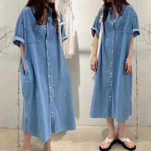 [삐까삐까]여름 청원피스 오버핏 블루 청 데님 오픈 카라 반팔 셔츠 롱 원피스