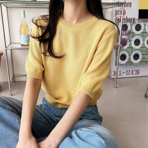 여름반팔니트 여자 와플 라운드반팔니트