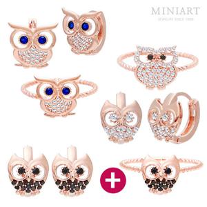 1+1 부엉이 로즈 골드 세트 14K 금침 원터치 링 귀걸이 + 반지