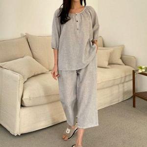 [시크빈]잔체크면 단추라운드 투피스 잠옷세트 7부반팔 긴바지 상하의 여성파자마