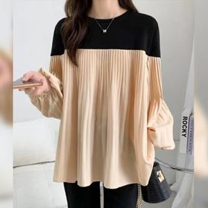 [무드무드] 몬테 배색 긴팔 플리츠 롱 블라우스