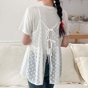 [삐까삐까]양면 리본 플라워 패턴 시스루 망사 레이어드 뷔스티에 조끼 베스트