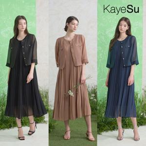 [Kayesu] 케이수 플리츠 쉬폰 시스루 셋업 2pcs(자켓+원피스)