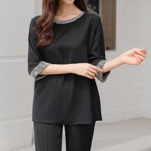 간절기 트위드 배색 쉬폰 7부 빅사이즈 블라우스 40-50대 중년여성 엄마옷 미시 출근 오피스 하객