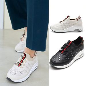 HSB-626 여자 가죽 큐빅 펀칭단화 에어쿠션 슬립온 스니커즈 키높이 운동화 여성운동화