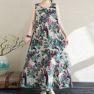 [쿠잉]퍼플 플라워 민소매 나시 여성 롱 원피스