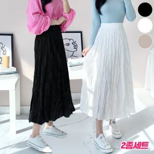 [가비진] 2종세트 여성 살랑살랑 링클 주름 밴딩 롱스커트  3color