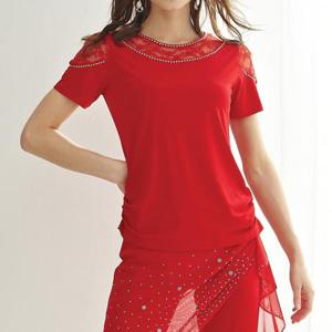 [까르죠아]보석 라운드 반팔 블라우스 스포츠 라인 댄스 복 티셔츠 여성 줌바 차밍