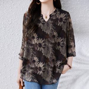 [퀸이즈] [~110까지]빅사이즈 이켈 플라워 시스루 블라우스