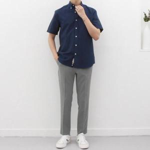 [더셔츠스튜디오]네이비 반팔 루즈핏 면혼방 옥스포드 버튼다운 셔츠