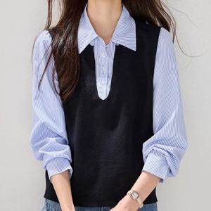 [패션시그널] 딥컷팅조끼 레이어드 셔츠블라우스 F4B2BC