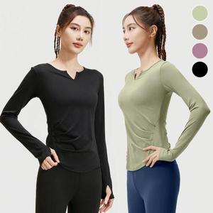 여성긴팔 요가복 필라 운동 슬림 브이넥 셔링 티셔츠 WFL90YN