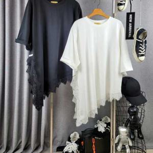 마누 사선 레이스 밑단 반팔 티셔츠 2color