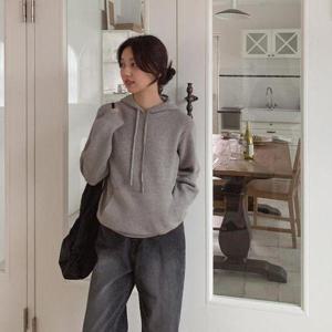 [옷자락]여자 가을 니트후드티 포켓 루즈핏 심플 긴팔 티셔츠