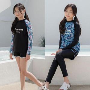 [리틀맘]초등학생 주니어 여아 수영복 긴팔 래쉬가드 세트 3PCS 반바지 워터레깅스