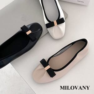 [밀로바니] (230-255) 에페 소가죽 리본 금장 쿠션 여성 밴딩 플랫 슈즈