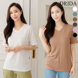 [드리다]여자 여름 슬라브 브이넥 반팔 면 흰색 티셔츠 40-50대 미시 중년 여성 캐주얼 등원 엄마옷