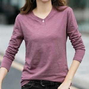 티셔츠 긴팔 단추 롱 U넥 면 무지티 여름 여성