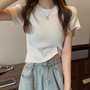 여름반팔니트 여성 라운드넥 반팔 골지 니트