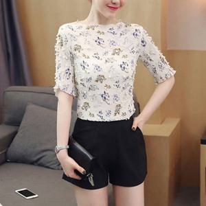 여성 봄 여름 간절기 진주 장식 주름 반팔 티셔츠 (1695)