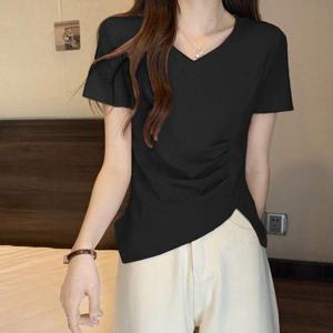 핀턱 절개 슬릿 포인트 여성 유니크 V넥 티셔츠 [WC48363]