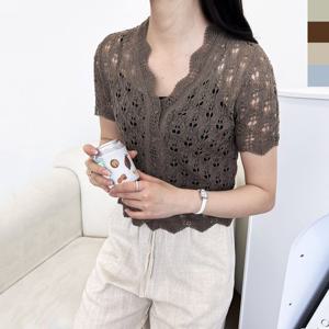 블레오 여성 여름 브이넥 크롭 펀칭 예쁜 반팔 니트 가디건