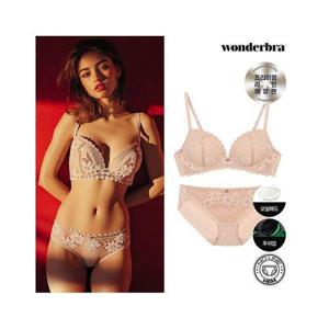 [원더브라]여성 베이지 플라워 패턴 노와이어 브라 팬티 세트