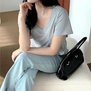 여자여름티 여성 V넥 티셔츠 면티 라운드 반팔 포켓 둥근밑단