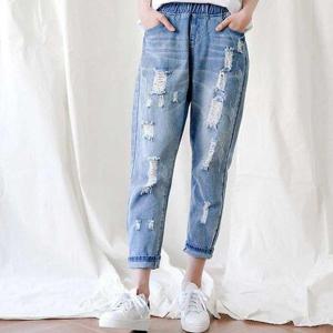 [퍼스트클로]여성 데미지 밴딩 배기팬츠 빅사이즈 청바지_GB6673