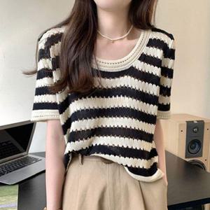 [오노마] ONM 데일리 여성 여름 스트라이프 펀칭 니트 반팔 티셔츠