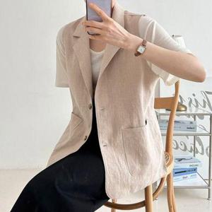 [삐까삐까]오버핏 린넨 카라넥 단추 오픈 자켓 조끼 여름 롱 베스트