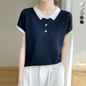 [유니제이] 로르 와플 배색 카라 니트 반팔티