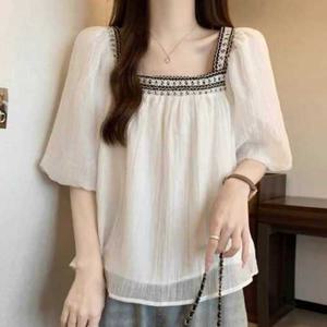 나바바 / NB2744 여성 레트로 스퀘어넥 반팔 블라우스