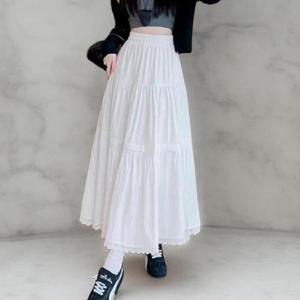 [옷자락]여성 러블리 화이트 레이어드 플레어 롱 스커트