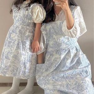 (아가사이즈추가)블루플라워리롱프릴앞치마+집게핀증정