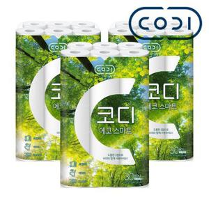 코디 에코 스마트 두루마리 휴지 3겹 화장지 22M 30롤 X 3개