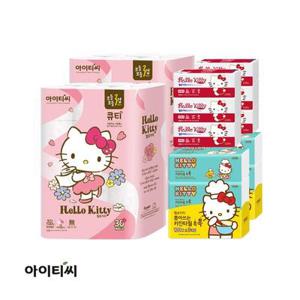 [(주)아이티씨] 무료배송 헬로키티 3겹 구성 알뜰세트 (롤화장지 30롤 X 2개입+팝업티슈 110매 X 6개입+키친타올