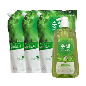 순샘 베이킹소다X피톤치드향 주방세제 용기 1kg+리필 1.2L x 3개