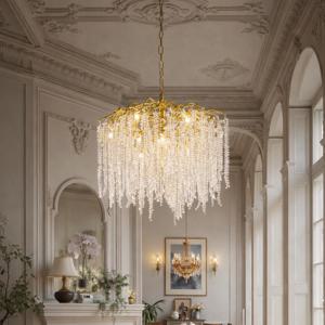 9등 크리스탈 골드 늘어지는  화이트눈꽃 골드 나뭇가지프레임 샹들리에