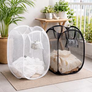 원터치 메쉬 빨래 바구니 접이식이동식 그물망 빨래통 틈새 걸이 다용도 수납함