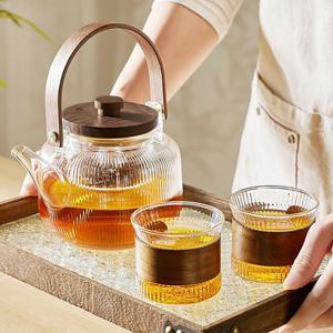 57도씨 내열유리 우드핸들 티팟 티포트 플리츠 찻잔 2P 세트