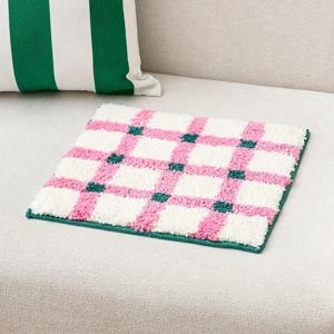 터프팅 체크 패턴 사각방석 핑크그린 35x35